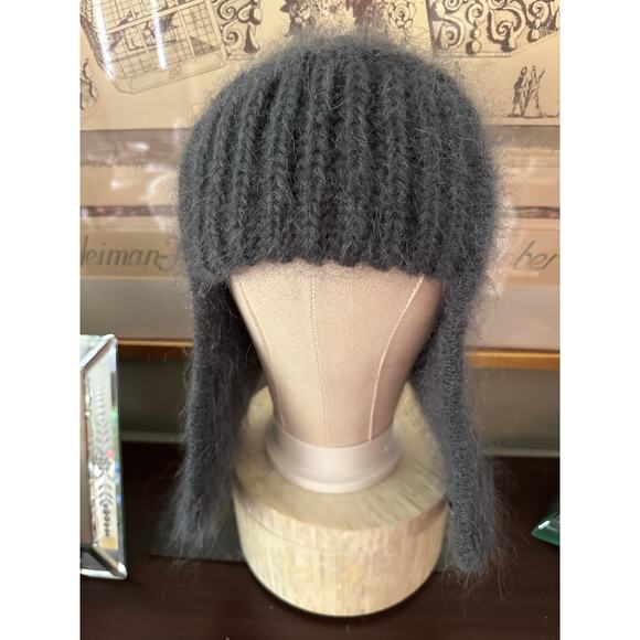 Mohair Wool Ear Flap Hat, Hand Knit Trapper Beanie gray Art and Craft hand knit - Picture 16 of 16